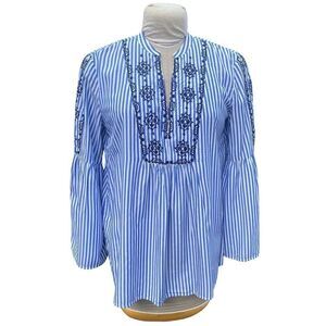 LOFT Blue & White Bell Sleeve Embroidered Top Sz M Boho Tunic Crisp Vacation